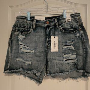 Denim Patch Backed Distressed Mid Rise Shorts